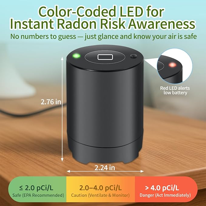 Bluetooth Radon Detector for Home, High-Precision Sensor, Real-Time Radon Gas Monitoring, Short & Long-Term Data with Trend Charts, App Control, Rechargeable Battery, LED Alerts