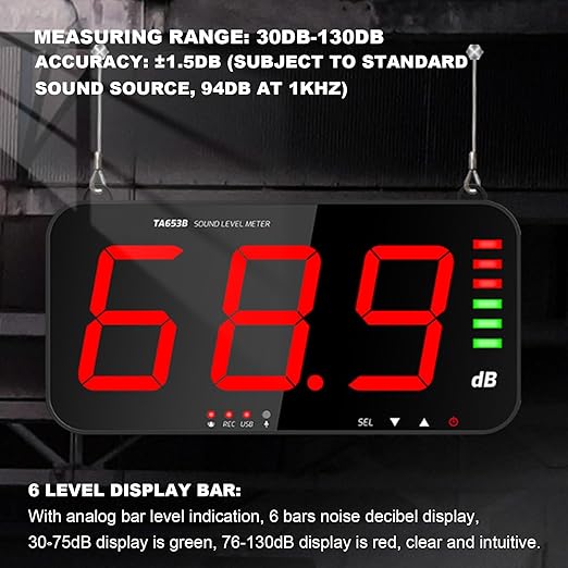 Decibel Meter Sound Alarm Wall Hanging Noise 30-130db Reader Digital Large LCD Display Mounted Temperature Humidity Measuring Level Db Tester TA654B