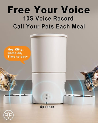 Automatic Cat Feeder for 2 Cats,Dual Bowl Dry Food Dispenser with Portion Control & 10s Voice Recorder,Timed Feeding,Dual Power,Quiet Operation(White, ABS Dual Bowls)