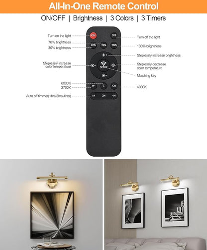 Rechargeable Picture Light for Wall, Dimmable Art Lights for Painting, Battery Operated Wall Sconce with Remote, 3 light Color,Timer & Brightness Setting for Artwork, Gallery(Brass, 12inch)