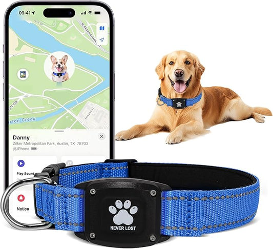 GPS Dog Collar Tracker 2-in-1,Reflective Waterproof Pet Collar,iOS-Only,No Monthly Fees,Unlimited Range,Ideal for Dog Tracking pet Tracker,for Small Dogs(S (12.6"-16.5" Width:0.78"), Blue)