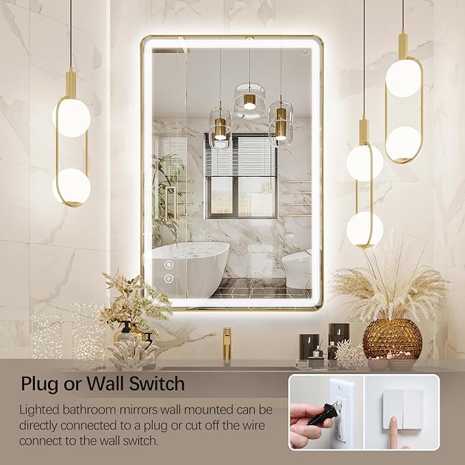 Niccy LED Bathroom Mirror with Lights, 36"x24" Vanity Mirror for Wall Makeup Mirror with Front and Backlit Anti-Fog 3 Colors and Dimmable Light Smart Rectangle Mirror for Bathroom, Gold