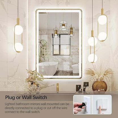 Niccy LED Bathroom Mirror with Lights, 36"x24" Vanity Mirror for Wall Makeup Mirror with Front and Backlit Anti-Fog 3 Colors and Dimmable Light Smart Rectangle Mirror for Bathroom, Gold