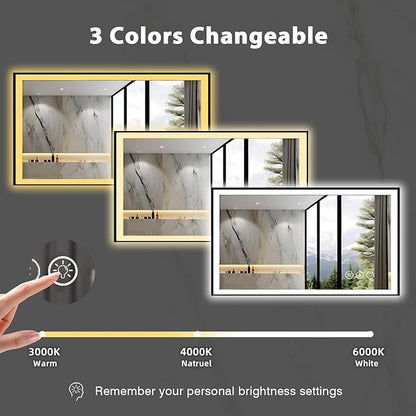 40x24 LED Bathroom Mirror for Wall, Black (Metal, Aluminum) Framed, Front Light and Backlit, 3 Colors and Dimmable Vanity Mirror, Anti-Fog, Shatter-Proof, Memory (Horizontal/Vertical)