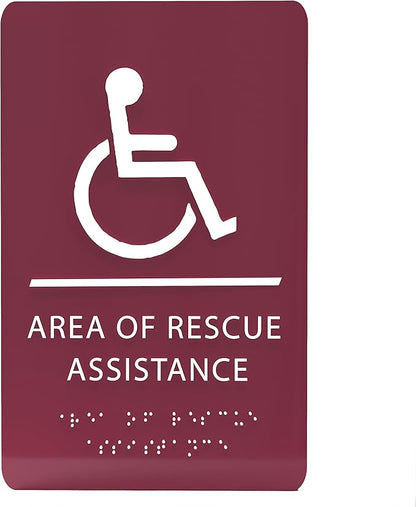 6" X9" Area of Rescue Assistance Sign - ADA Compliant Tactile Graphics Grade 2 Braille Text Signs| Sign for Shopping Malls, Offices, Hotels, Schools, Apartments, and Restaurants