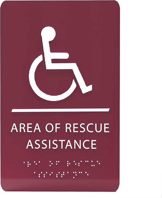 6" X9" Area of Rescue Assistance Sign - ADA Compliant Tactile Graphics Grade 2 Braille Text Signs| Sign for Shopping Malls, Offices, Hotels, Schools, Apartments, and Restaurants