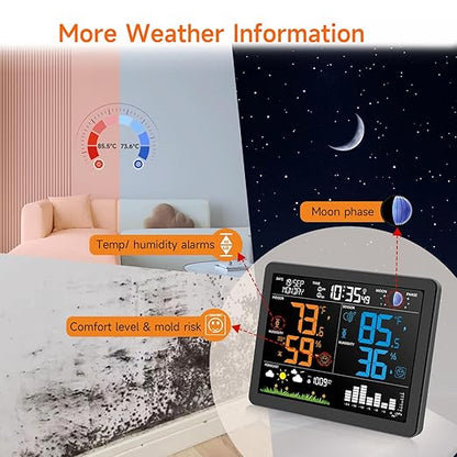 Uzoli EM3566 Weather Station Wireless Indoor Outdoor, 7.4“ Large Weather Station with Atomic Clock, Indoor Outdoor Temperature Humidity, Weather Forecast, Alarms with Snooze, Easy to Read