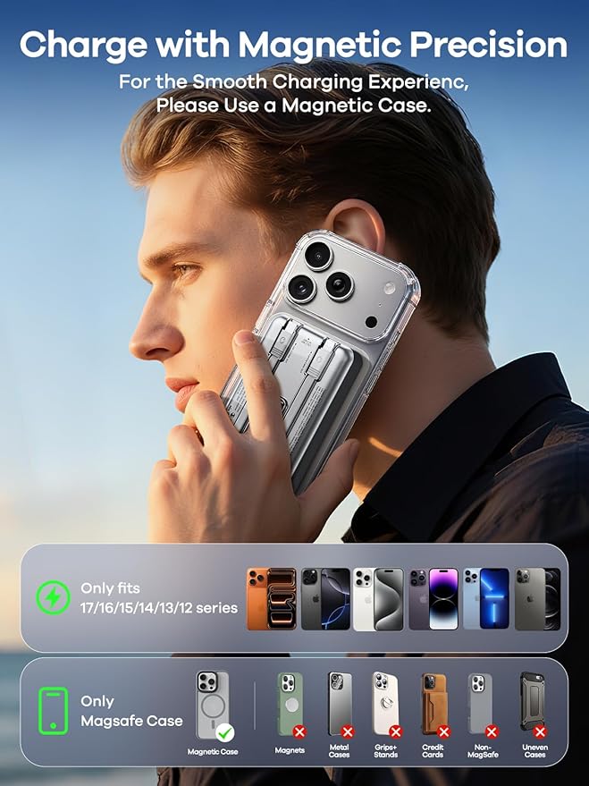 REWONDER Magnetic Portable Charger, 10000mAh PD 20W Portable Charger Power Bank with Built-in 2 Cables, Travel Essential Magsafe Battery Pack for iPhone 17/16/15/14/13/12 & Apple Watch Ultra/11/10/9