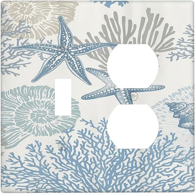 Decorative Outlet Covers Blue Starfish Coral Seaweed 2 Gang Wall Plate Single Toggle Duplex Light Switch Cover Switch Plate Covers for Bathroom Bedroom Home Decor