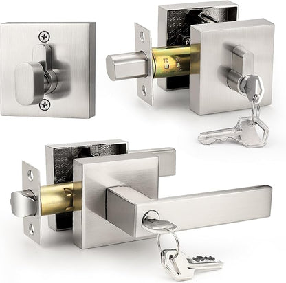 Probrico Square Entrance Lever with Single Cylinder Deadbolt Set Keyed Alike Combo Pack(for Office and Front Door), Heavy Duty Satin Nickel Entry Door Lockset for Right and Left Side, 1 Pack