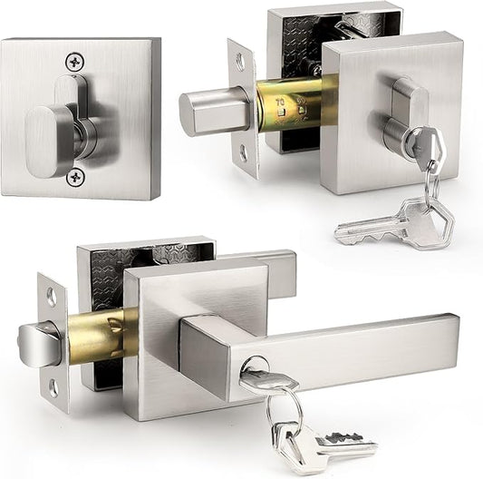 Probrico Square Entrance Lever with Single Cylinder Deadbolt Set Keyed Alike Combo Pack(for Office and Front Door), Heavy Duty Satin Nickel Entry Door Lockset for Right and Left Side, 1 Pack