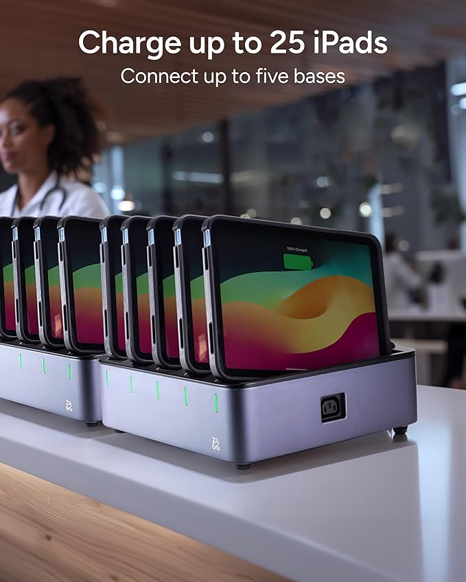 ZAGG ChargeStation Pro for iPad (10th Gen)/ iPad (A16) - Lockable Wireless Charging Station with 5 Rugged Cases – Charges 5 iPads – for Schools, Hospitals, Business & Enterprise