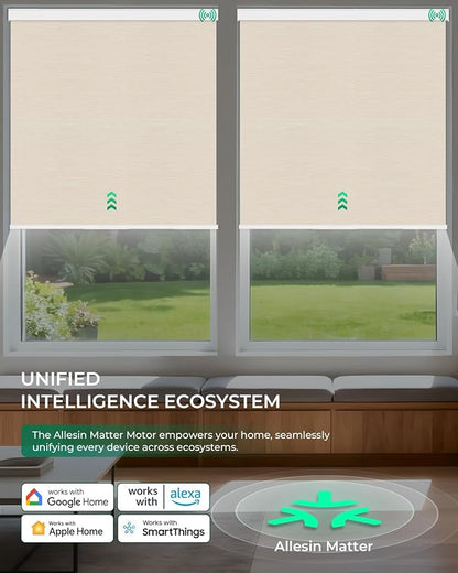 Allesin Motorized Roller Blinds – Rechargeable Smart Shades with Remote & Quiet Motor, Top/Bottom Aluminum Rails, Alexa-Compatible for Window (Custom Size, 100% Blackout Wheat-Jacquard)