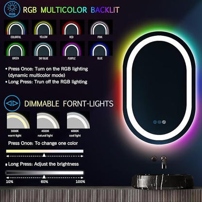 THEKLA 20 x 32 Inch Oval LED Vanity Mirror with Lights Smart Dimmable 3 Color+ Rainbow RGB Color Changing Backlit 32" Oval Lighted Mirror for Bathroom Wall Horizontal/Vertical Mount Anti-Fog