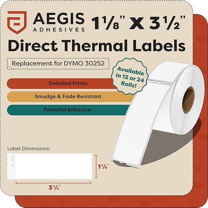 Aegis Adhesives - 1-1/8" X 3-1/2" Replacement for DYMO 30252 (12 Rolls/4200 Labels) Direct Thermal Address Barcode Labels - Compatible with LabelWriter 450, 450 Turbo, 4XL (NOT 550, 5XL)
