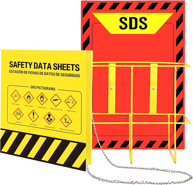 2 Pack MSDS SDS Binder and Wall Station,Yellow Heavy Duty 3 Inch Material Safety Data Sheet 3 Ring Binder with SDS Wire Rack and Display Sign,Chain,Safety Posters,MSDS Labels,Binder Wall Mount