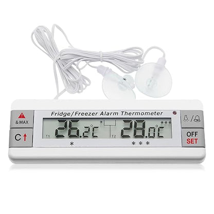 Digital Refrigerator Thermometer 2 Channel Freezer Thermometer with Alarm Sound Reminder Thermometer Fridge with Max/Min Temperature Record Freezer Alarm with Magnetic Back for Home Kitchen