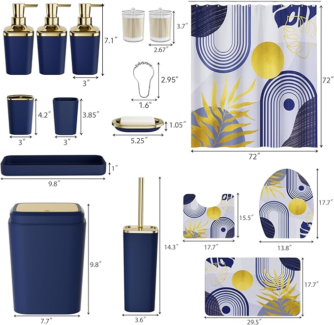 Bathroom Set - Bathroom Sets with Shower Curtain and Rugs, Bathroom Accessory Set, Navy Blue Bathroom Accessories Set with Trash Can, Toilet Brush and Soap Dispensers
