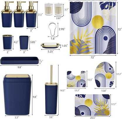 Bathroom Set - Bathroom Sets with Shower Curtain and Rugs, Bathroom Accessory Set, Navy Blue Bathroom Accessories Set with Trash Can, Toilet Brush and Soap Dispensers