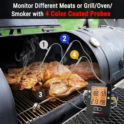 ThermoPro TP25 650FT Bluetooth Meat Thermometer with 4-Probes, Smart Rechargeable Wireless Meat Thermometer for Grilling, Smoker, Oven, Kitchen, BBQ Thermometer with Alarm, Temperature Graph, Black