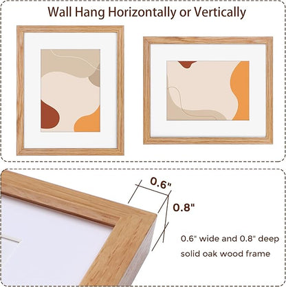 Natural Oak 8x10 Picture Frames Set of 3, Solid Oak Wood Frame, Matted to 5x7, Tempered Glass, Wall & Tabletop, 3 Pack