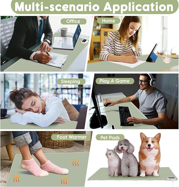 Konohan Heated Large Desk Mat PU Leather Warm Mouse Pad with 5 Heating Level & 4 Hour Auto Shut-Off Heating Keyboard Pad Warmer Gaming Mice Mat Only Supports 110v(Gray-Green Color,35.4"x 14.2")