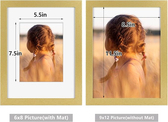 Golden State Art, 9x12 Picture Frame with Mat for 6x8 - High Definition Glass Wall Mounting Horizontal Vertical Display (Gold, 1 Pack)