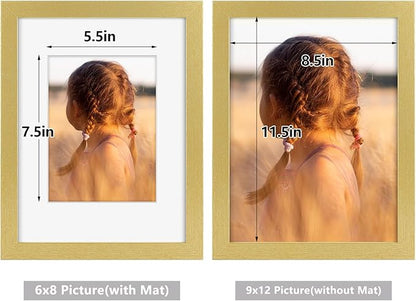 Golden State Art, 9x12 Picture Frame with Mat for 6x8 - High Definition Glass Wall Mounting Horizontal Vertical Display (Gold, 1 Pack)