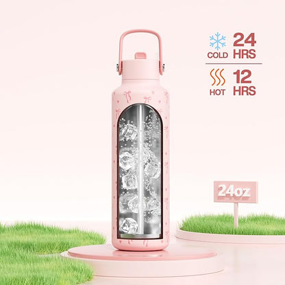 POWCAN 24 oz Insulated Water Bottle: Leakproof, Cup Holder Friendly, Cold for 24H, BPA-free, Top Handle, Double Walled Metal Water Bottle for Student, Girl, School, Camping, Daily (Sweetheart Bow)