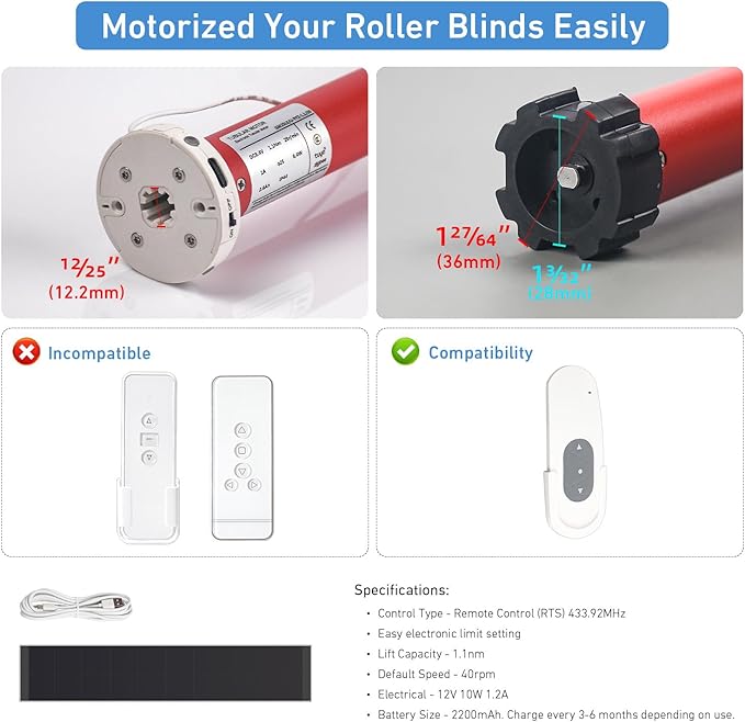 Zigbee Roller Blinds Motor – Smart Tubular Motor for 1-1/2" (38mm) Tubes – 5V Rechargeable, Works with Tuya Zigbee Gateway – Voice & App Control (Alexa/Google Home) Controlled Motors for Smart Shades
