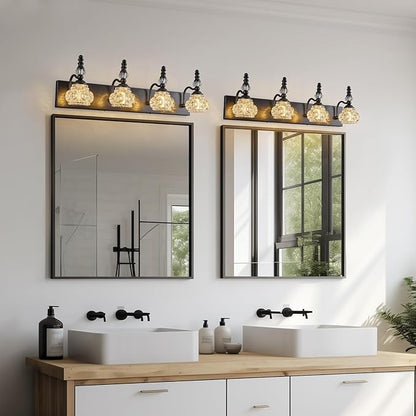 Modern Crystal Bathroom Vanity Light Black Vintage Bathroom Light Fixtures 4-Lights Glass Crystal Vanity Lights