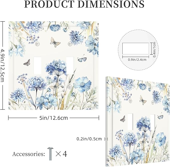Decorative Switch Plates Blue Floral Hydrangea Plants 2 Gang Double Toggle Wall Plate Outlet Light Switch Cover Electrical Faceplate for Bedroom Home Decor