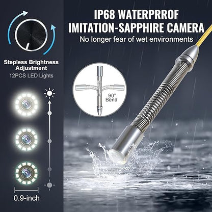 VEVOR Sewer Camera with 512Hz Locator, 98 ft/30 m, 9" Drain Inspection Camera with Self-Leveling, 36X Zoom, Plumbing Camera with Lights-12 LED, 32GB Card, IP68 Waterproof Snake Camera for Duct Pipe