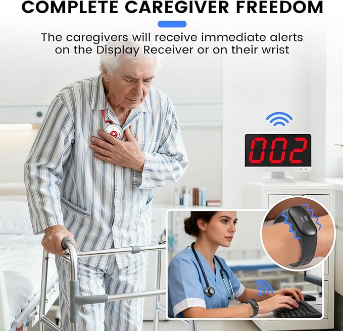 Nurse Call System with 10 Alert Emergency Call Buttons,2 Wrist Watch Receivers and 1 Display Receiver Wireless Caregiver Pager Calling System,1000ft, for Medical Clinic Nurses Station Home Hospital
