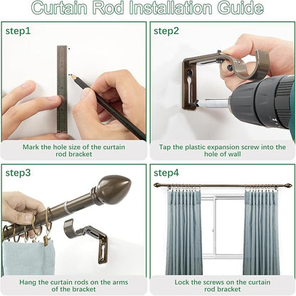 Curtain Rods for Windows 16 to 136 inches, Curtain Rod Max Adjustable Length to 146 in, Drapery Rod 1 inch Diameter with Modern Knobs Finials (Brown, 16" to 136" - Set of 1)