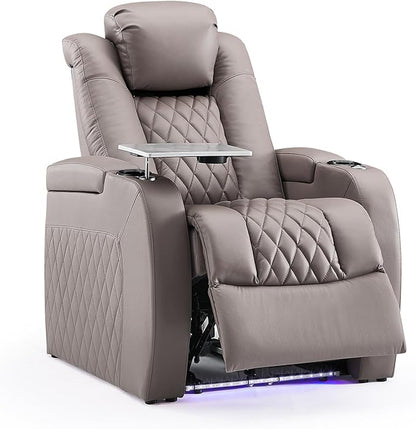 Weilianda Home Theater Seating Top Grain Leather Recliner Chair Power Headrest and Recline Movie Seats Gaming Sofa with Tray Table Type-C USB Charge Cup Holders Row of 1 Grey