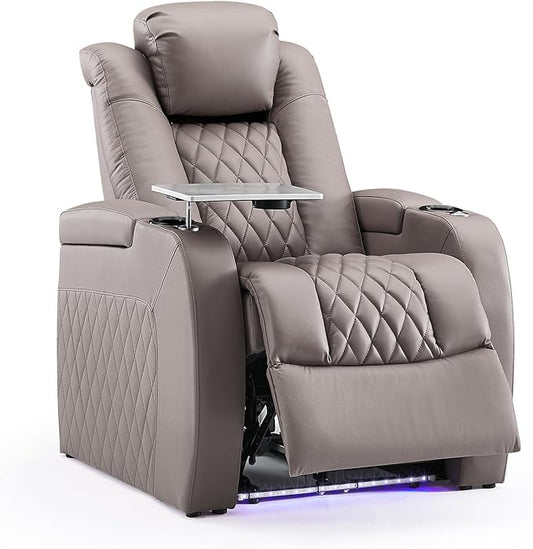 Weilianda Home Theater Seating Top Grain Leather Recliner Chair Power Headrest and Recline Movie Seats Gaming Sofa with Tray Table Type-C USB Charge Cup Holders Row of 1 Grey
