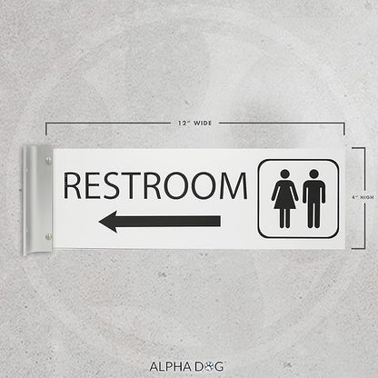 ALPHA DOG SIGNS Corridor Projecting Hallway Bathroom Sign, Left Arrow, 4"x12" Double Sided, Indoor/Outdoor, Easy Install, Durable Business Wayfinding Plaque, USA-Made (White)