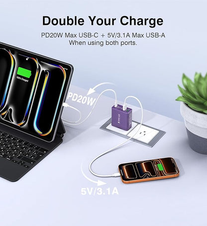 [2-Pack] USB C Wall Charger, 60W Fast USB C Charger Block, 5-Port PD Power Adapter + QC Wall Plug Multiport Type C Charging Block Cube Compatible with iPhone 17 16 15 14 13 12 Pro Max XR XS, Purple
