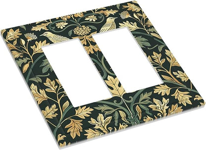 Decorative Outlet Covers William Morris Vintage Botanical Birds Golden Green Leaves 2 Gang Double GFCI Rocker Electrical Wall Panels Light Switch Cover Plate for Bedroom Home Decor