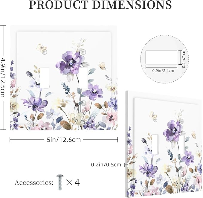 Decorative Switch Plates Purple Floral Lilac Watercolor Flower Leaves Butterfly Wildflower 2 Gang Double Toggle Wall Plate Outlet Light Switch Cover Electrical Faceplate for Bedroom Home Decor