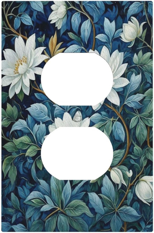 White Flowers Green Leaves Light Switch Cover 1 Gang Outlet Plate Single Duplex Wall Plate Covers Decorative Switchplate Covers Electrical Faceplate for Home Decor