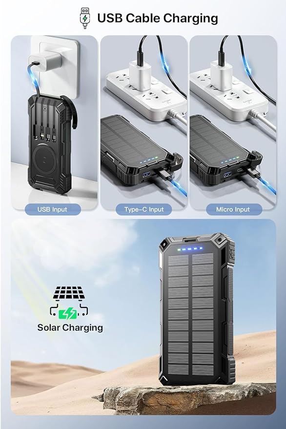 Power Bank 49800mAh Solar Portable Charger Wireless Charging USB-C 15W Fast Charging with 4 Built-in Cables LED Flashlight Battery Pack Compatible with iPhone, iPad, Galaxy, Perfect for Camping