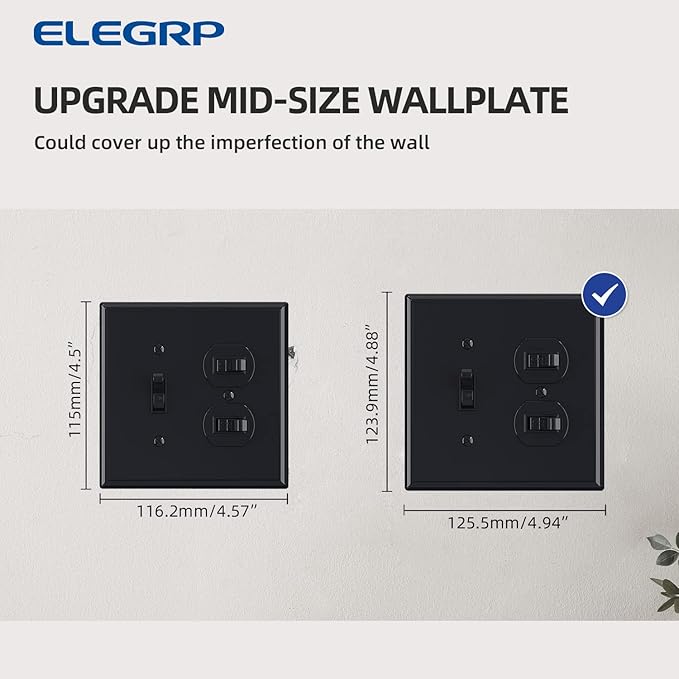 Combination Wall Plate ELEGRP 1-Toggle Light Switch 1-Duplex Receptacle Outlet Combination Wall Plate Cover, Mid-Size 4.88" x 4.94" Unbreakable Thermoplastic Faceplate Cover, UL Listed (1 Pack, black)
