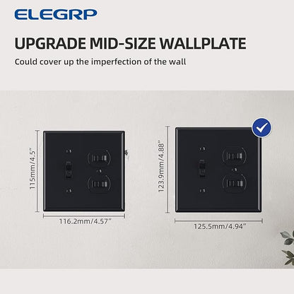 Combination Wall Plate ELEGRP 1-Toggle Light Switch 1-Duplex Receptacle Outlet Combination Wall Plate Cover, Mid-Size 4.88" x 4.94" Unbreakable Thermoplastic Faceplate Cover, UL Listed (1 Pack, black)