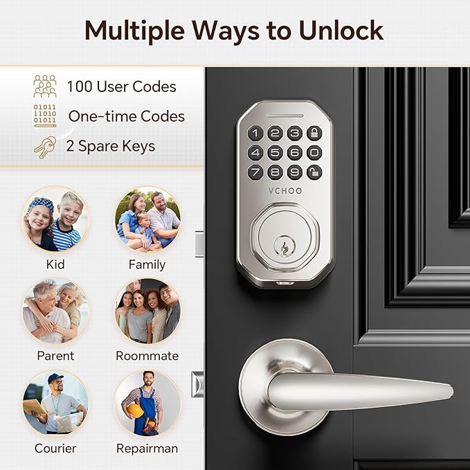 Keyless Entry Door Lock Set Smart Locks for Front Keypad Door Lock with Handle Low Battery Warning Automatic Lock One Time Password Anti Peeping Password IP54, Satin Nickel