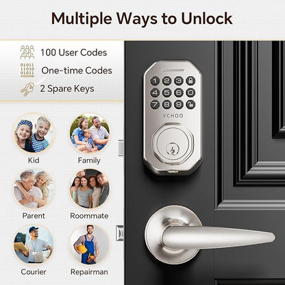 Keyless Entry Door Lock Set Smart Locks for Front Keypad Door Lock with Handle Low Battery Warning Automatic Lock One Time Password Anti Peeping Password IP54, Satin Nickel