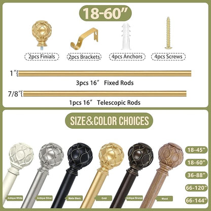 Gold Adjustable Curtain Rods for Windows:18-60 Inch Farmhouse Heavy Duty Curtain Rod for Bedroom Living Room,Boho Decorative Rustic Drapery Rods with Vintage Coastal Texture Finial,Brass Gold