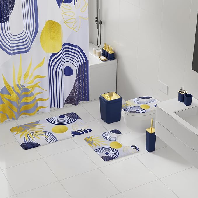 Bathroom Set - Bathroom Sets with Shower Curtain and Rugs, Bathroom Accessory Set, Navy Blue Bathroom Accessories Set with Trash Can, Toilet Brush and Soap Dispensers
