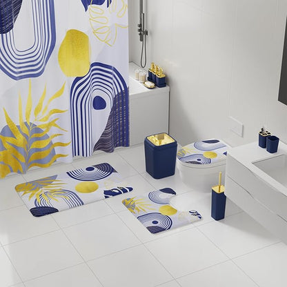 Bathroom Set - Bathroom Sets with Shower Curtain and Rugs, Bathroom Accessory Set, Navy Blue Bathroom Accessories Set with Trash Can, Toilet Brush and Soap Dispensers